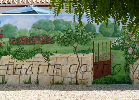 Peinture murale extérieure avec Faux muret et jardin, à Périgny - Nathalie Coppolani Artiste peintre Charente-Maritime