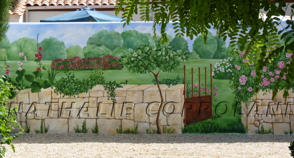 Peinture murale extérieure avec Faux muret et jardin, à Périgny - Nathalie Coppolani Artiste peintre Charente-Maritime