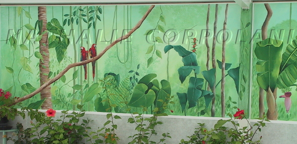 Trompe l'oeil jungle dans une piscine couverte à Angoulins - Nathalie Coppolani Artiste peintre La Rochelle