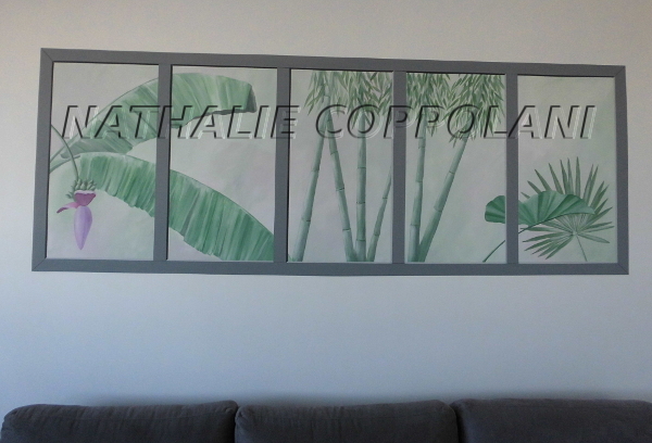 Trompe l'oeil décor exotique avec verrière, mur intérieur à Aytré - Nathalie Coppolani Artiste peintre La Rochelle