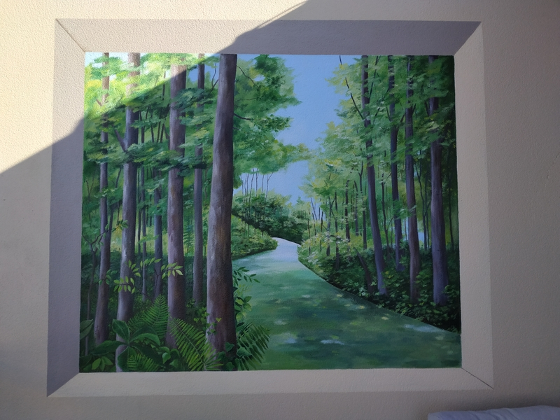Ouverture en trompe l’œil donnant sur une forêt, dans un patio à Aytré - Nathalie Coppolani Artiste peintre La Rochelle
