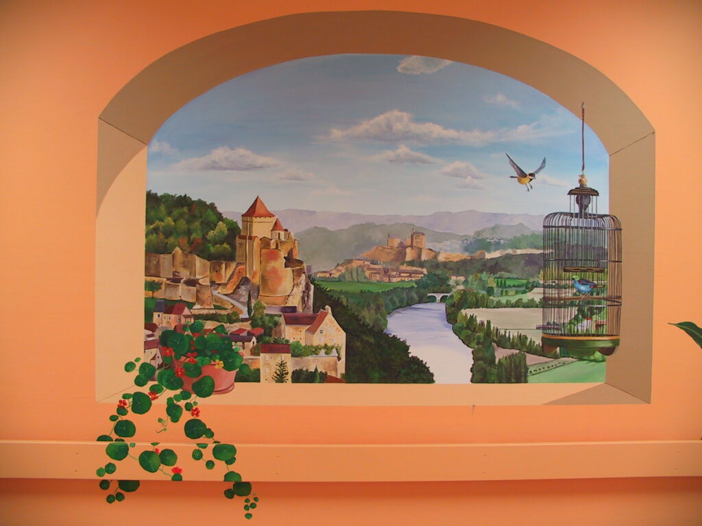 Trompe l’oeil sur toile marouflée sur un mur - Vue sur les châteaux de Beynac et Castelnaudary - Hôpital de Périgueux - Nathalie Coppolani Artiste peintre La Rochelle