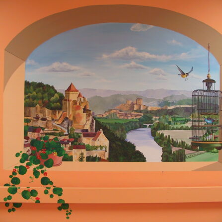 Trompe l’oeil sur toile marouflée sur un mur - Vue sur les châteaux de Beynac et Castelnaudary - Hôpital de Périgueux - Nathalie Coppolani Artiste peintre La Rochelle