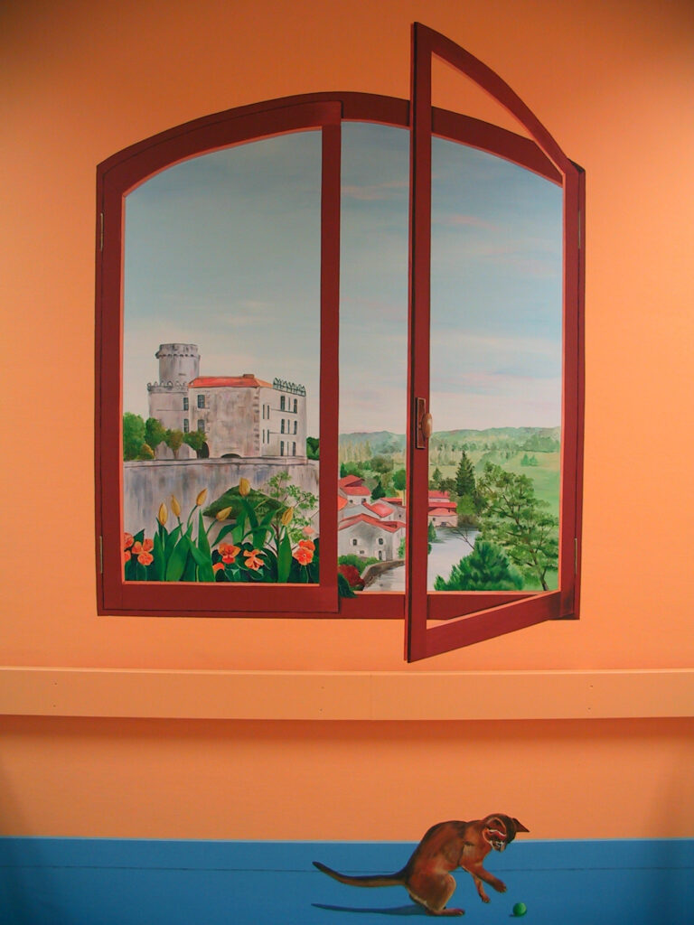 Fenêtre en trompe l’oeil avec vue sur le château de Bourdeilles - Hôpital de Périgueux - Nathalie Coppolani Artiste peintre La Rochelle