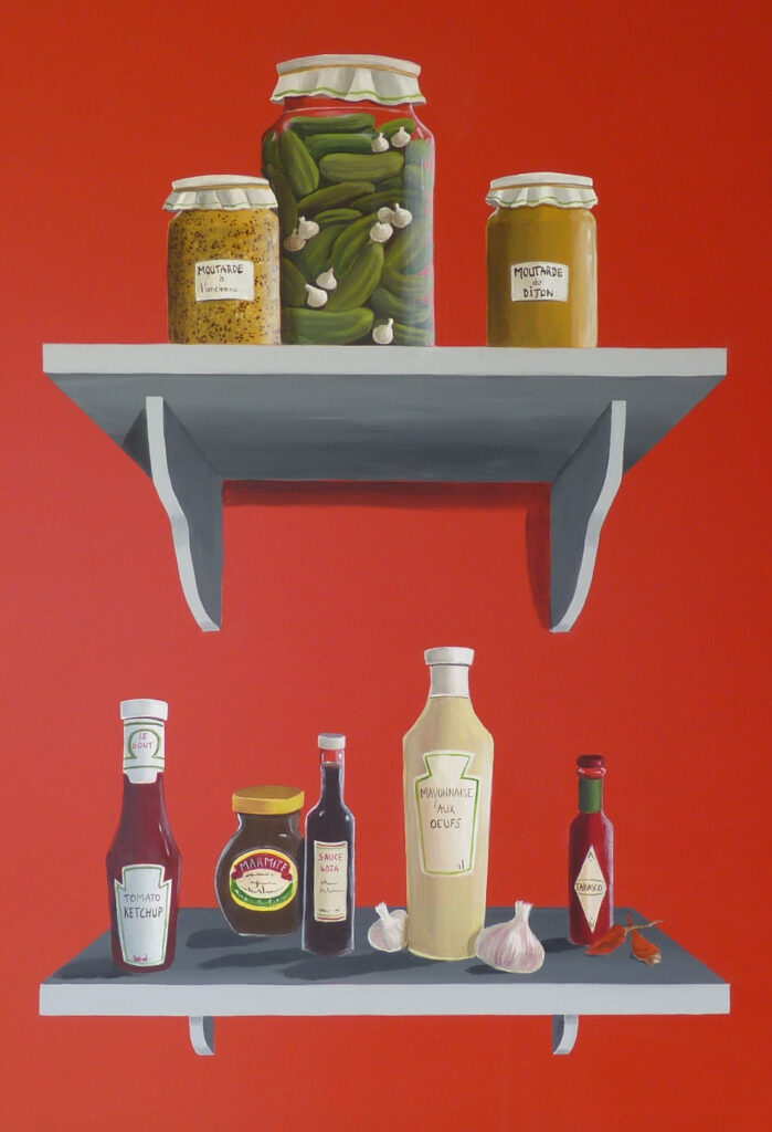 Trompe l'oeil étagères avec bocaux - Salle de restauration hôpital de Rochefort - Nathalie Coppolani Artiste peintre La Rochelle